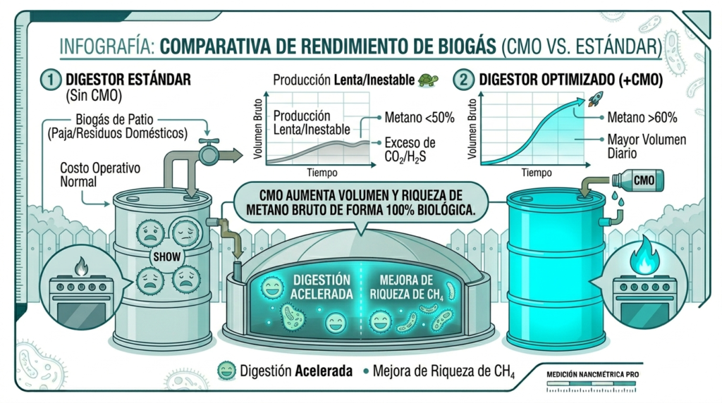 Gráfico de mejora de biogás mostrando el aumento de metano con el aditivo CMO