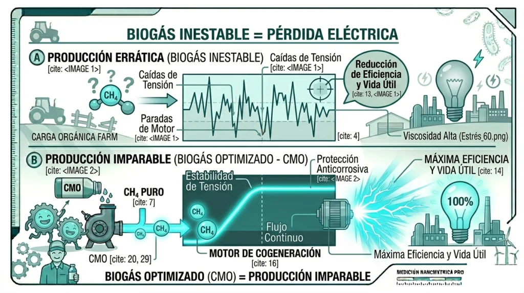 Gráfico comparativo estilo dashboard técnico mostrando cómo la optimización del biogás con el CMO de VenpraLab estabiliza la digestión anaerobia, garantizando una producción eléctrica imparable frente a las caídas de tensión y paradas de motor.