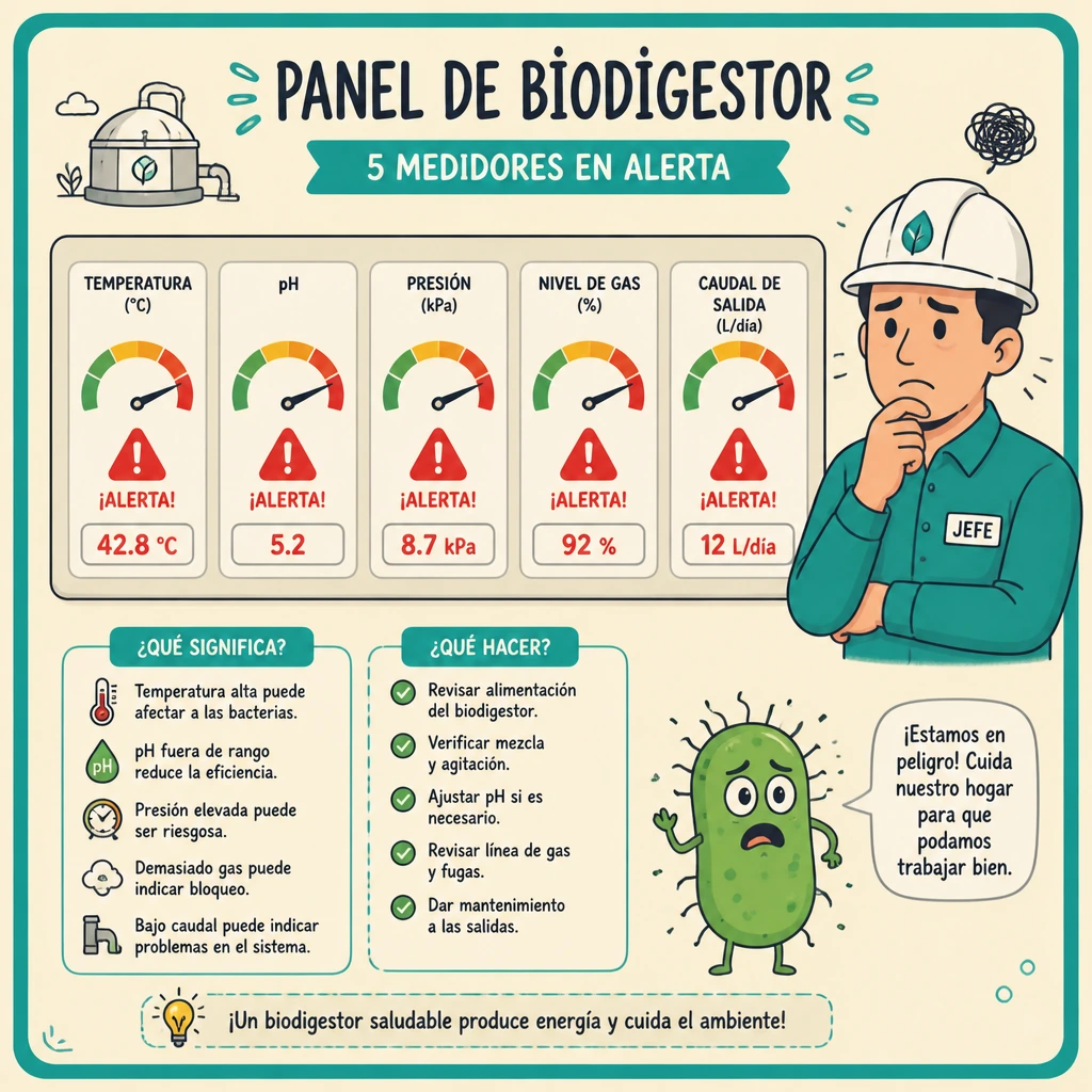 Panel de señales de alerta para detectar problemas en un biodigestor