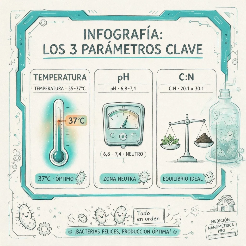 Infografía de los tres parámetros clave para el funcionamiento correcto de un biodigestor casero