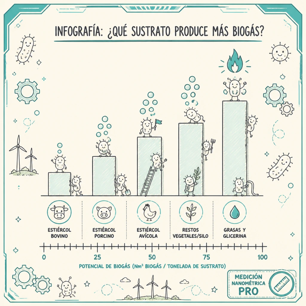 Infografía comparativa del potencial de producción de biogás de distintos sustratos