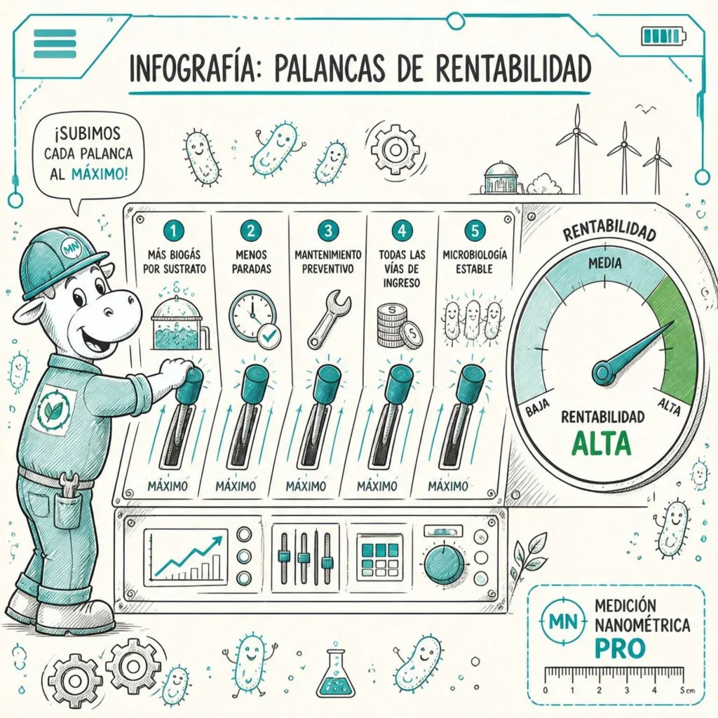 Infografía de las palancas operativas para mejorar la rentabilidad de una planta de biogás